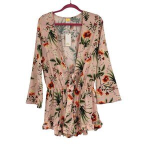 Agua Bendita X Revolve Size M Larissa Floral Romper Pistachio Satin Pink NWT